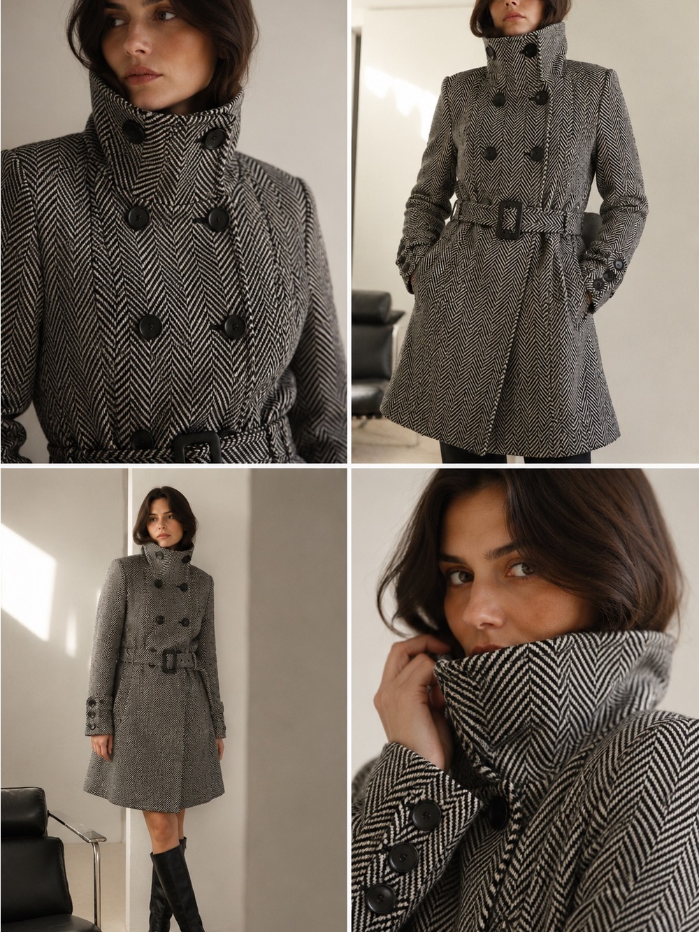 GUESS S/P Petite Wool Herringbone Coat Funnel Neck Belted Double Breasted gray